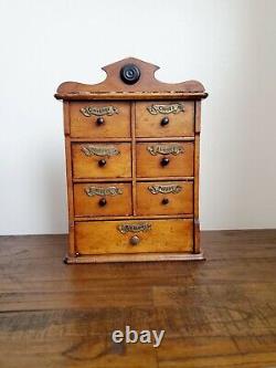 Antique Victorian Late 1800s Wall Spice Cabinet 9 Drawers and Labels 12 Tall