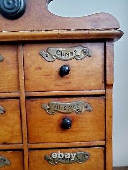 Antique Victorian Late 1800s Wall Spice Cabinet 9 Drawers and Labels 12 Tall