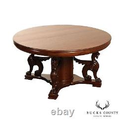 Antique Victorian Oak Winged Griffin Round Expandable Pedestal Dining Table