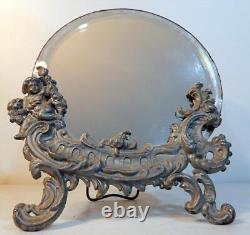 Antique Victorian Pewter Easel Back Mirror With Cherub Late 1800s to Early 1900s