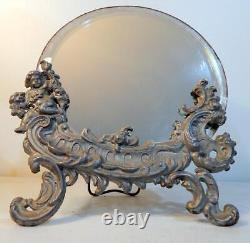 Antique Victorian Pewter Easel Back Mirror With Cherub Late 1800s to Early 1900s