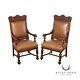 Antique Victorian Renaissance Revival Pair Carved Oak Throne Chairs