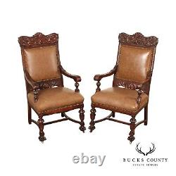 Antique Victorian Renaissance Revival Pair Carved Oak Throne Chairs