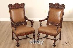 Antique Victorian Renaissance Revival Pair Carved Oak Throne Chairs