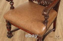 Antique Victorian Renaissance Revival Pair Carved Oak Throne Chairs