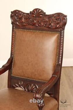 Antique Victorian Renaissance Revival Pair Carved Oak Throne Chairs