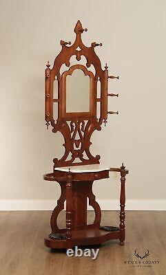 Antique Victorian Walnut Hall Tree or Console Table with Mirror