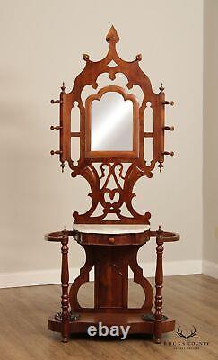 Antique Victorian Walnut Hall Tree or Console Table with Mirror