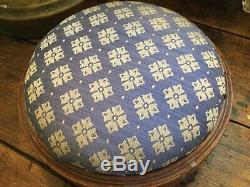 Antique Vintage English Victorian Late 1800s Foot Stool Blue & Cream Fabric