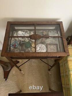 Antique Vitrine, Wood, Glass With Wicker Edge Late 19th Century Lift Lid