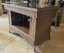 Antique Wicker Library Table Tiger Oak Glass Top Gorgeous late 19th early 20th c
