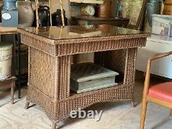 Antique Wicker Library Table Tiger Oak Glass Top Gorgeous late 19th early 20th c