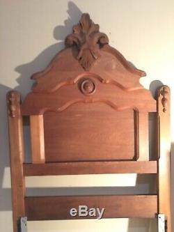 Antique Wood Bed Hand Carved W Fleur De Lis Crest Circa Late 19ty C/Early 20th C