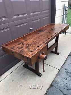 Antique Woodworkers Workbench Late 1800s, Restored, Kitchen Island Industrial