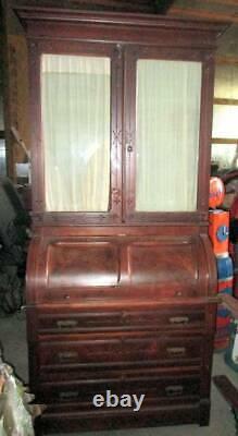 Antique late 1800's walnut secretary bookcase cylinder roll top desk gorgeous