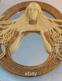 Art Nuovo Vintage Lady Gold Mirror 11 1/4 x 10 Inches