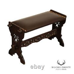 Arts And Crafts Antique Gothic Revival Carved Oak and Leather Bench