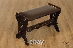 Arts And Crafts Antique Gothic Revival Carved Oak and Leather Bench