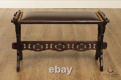 Arts And Crafts Antique Gothic Revival Carved Oak and Leather Bench