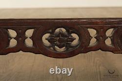 Arts And Crafts Antique Gothic Revival Carved Oak and Leather Bench