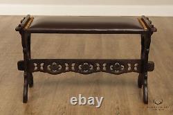 Arts And Crafts Antique Gothic Revival Carved Oak and Leather Bench