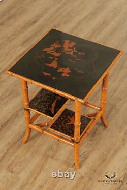 Asian Chinoiserie Lacquered Faux Bamboo Side Table