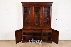 Baker Furniture Style Georgian Carved Flame Mahogany Breakfront Bookcase Cabinet