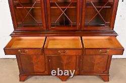 Baker Furniture Style Georgian Carved Flame Mahogany Breakfront Bookcase Cabinet