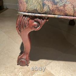 Carved Mahogany Chippendale Style Ball & Claw Tapestry Foot Stool c1970