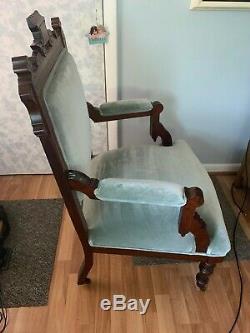 Charles Eastlake Style Armchair, Blue Silk Velvet Upholstery, Late 19th Century