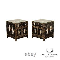 Chinoiserie Pair of Black Lacquer Side Table Cabinets