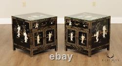 Chinoiserie Pair of Black Lacquer Side Table Cabinets