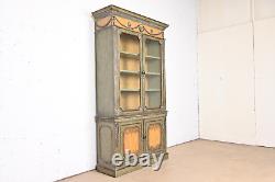Contemporary Neoclassical Italianate Carved Painted Breakfront Bookcase Cabinet