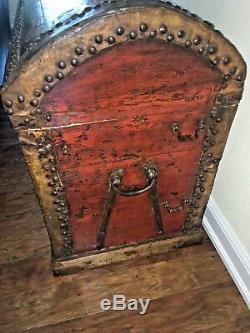 Continental late 1700's wooden dome, leather and metal trunk. European