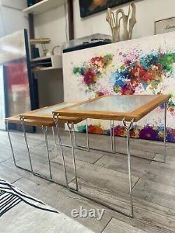 Danish Late 1970s Natural Birch Wood And Chrome Nesting Tables With Frosted Glass