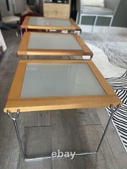 Danish Late 1970s Natural Birch Wood And Chrome Nesting Tables With Frosted Glass