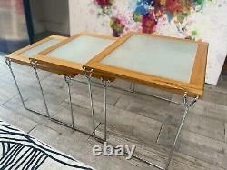 Danish Late 1970s Natural Birch Wood And Chrome Nesting Tables With Frosted Glass