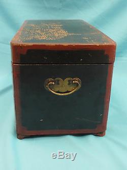 ELABORATE ANTIQUE LATE 19 c LACQUER CHINESE WOOD TRUNK CHEST