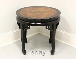 ETHAN ALLEN Asian Chinoiserie Black Lacquer & Burl Elm Round Accent Table