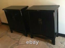 Elegant Pair of Qing, Late 19th C. Black Lacquer Tapered Chinese Cabinets
