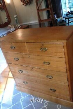 English Oak Antique Chest of 5 Drawers, Late 19th C. Aesthetic Movmt. Brass Hdwe