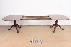 Ethan Allen Georgian Banded Mahogany Double Pedestal Extension Dining Table