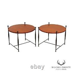 Frederick Duckloe Pair of Cherry Top Wrought Iron Side Tables