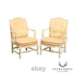 French Country Style Pair of Carved and Painted Armchairs