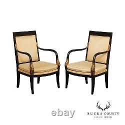 French Empire Style Pair of Ebonized Partial Gilt Dolphin Carved Armchairs