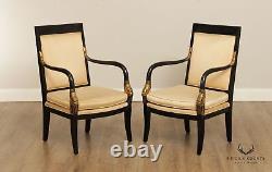 French Empire Style Pair of Ebonized Partial Gilt Dolphin Carved Armchairs