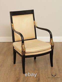 French Empire Style Pair of Ebonized Partial Gilt Dolphin Carved Armchairs