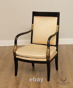 French Empire Style Pair of Ebonized Partial Gilt Dolphin Carved Armchairs