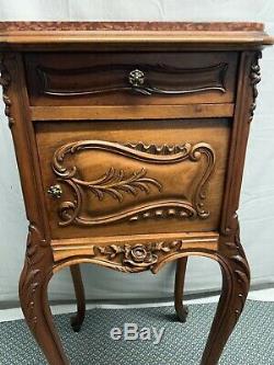 French Late 1800's Solid Carved Walnut Marble Top Nightstand Side End Table