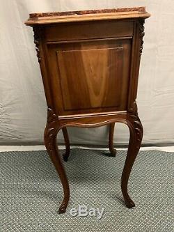 French Late 1800's Solid Carved Walnut Marble Top Nightstand Side End Table